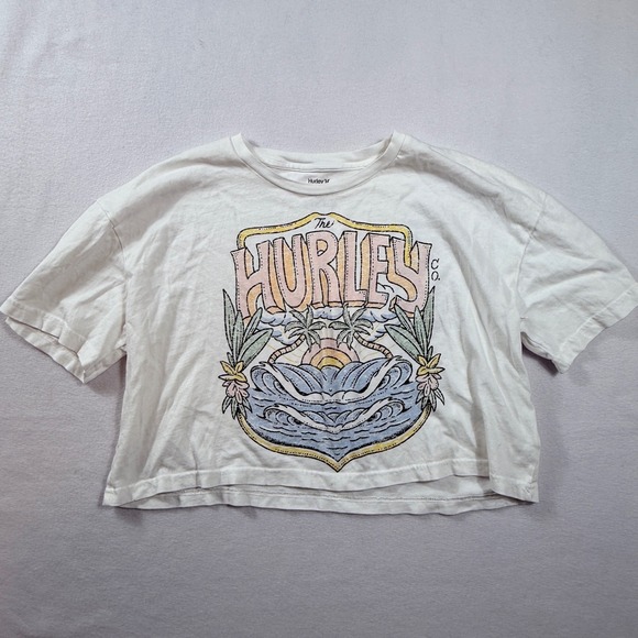 Hurley Tops - Hurley Graphic T-Shirt Womens Medium White Surf Palm Boxy Crop Top Boho Skater‎